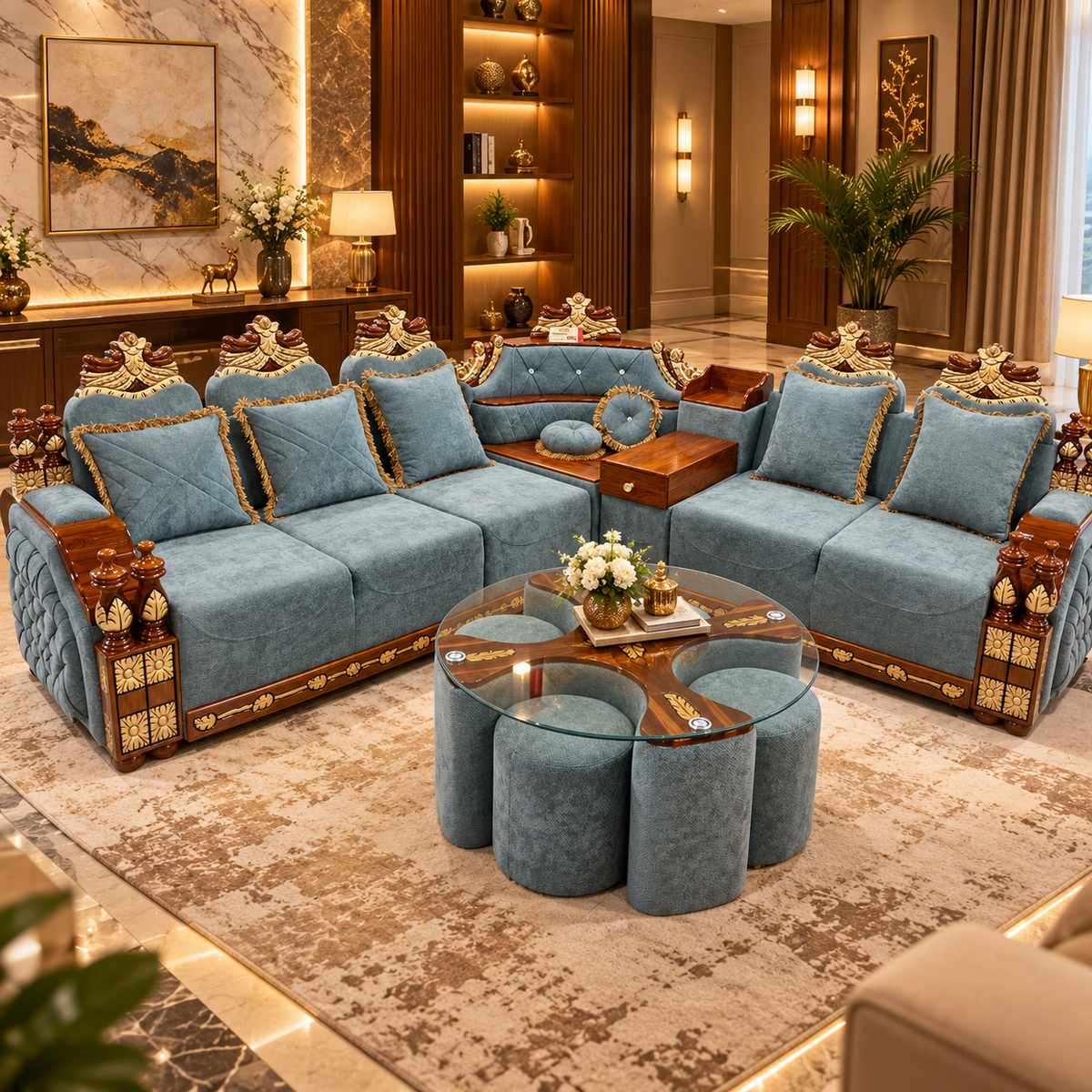 Royal Teal Luxury Wooden Sofa Full Set