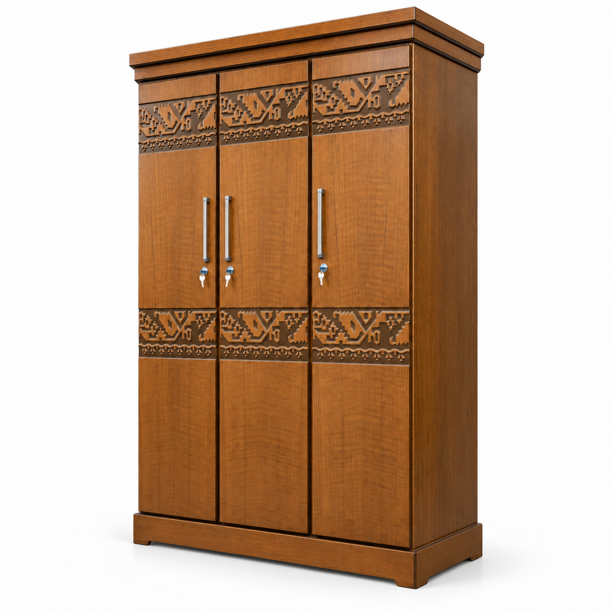 Delux Furniture 3 door carved almirah, angled view on white background