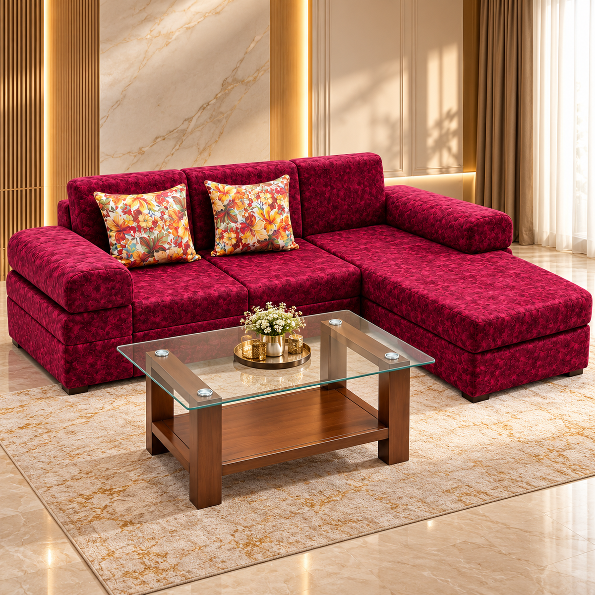 Burgundy L-shaped chaise sofa set in a luxurious indoor living room