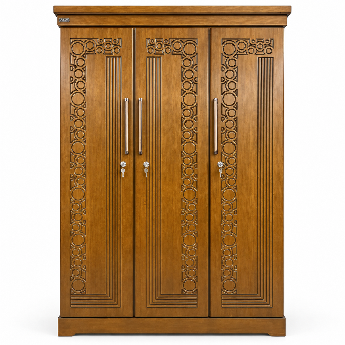 Delux Furniture circular carved 3 door almirah, front view on white