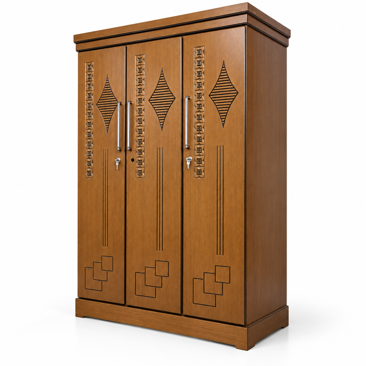 Delux Furniture geometric 3 door almirah, angled view on white