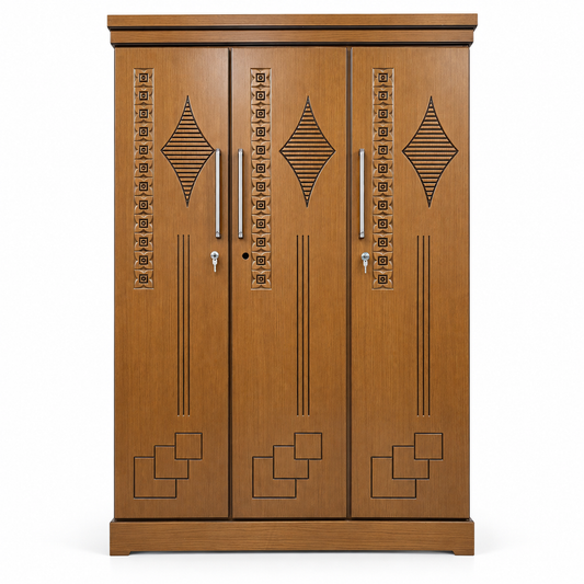 Delux Furniture geometric 3 door almirah, front view on white
