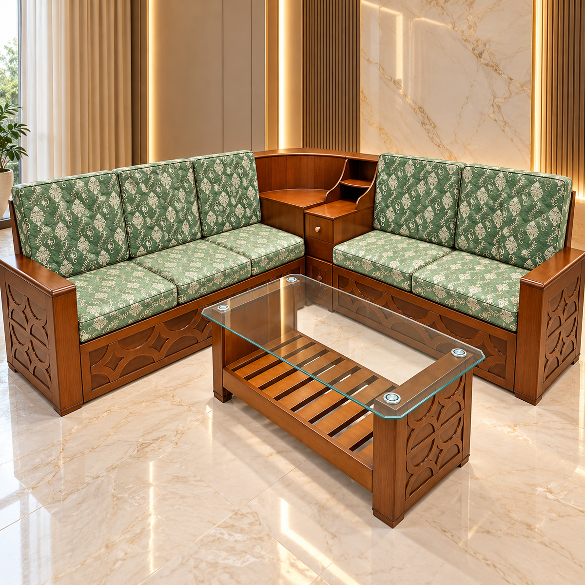 Delux green floral wooden corner sofa set in luxurious indoor living room