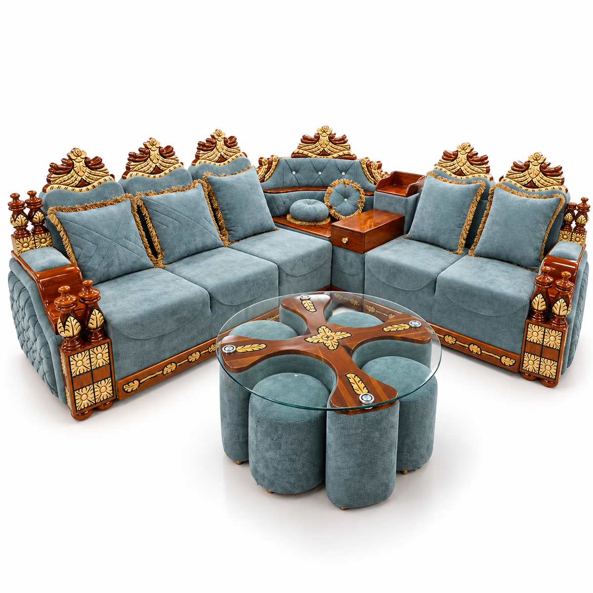 Royal teal luxury sofa full set with glass coffee table on white background
