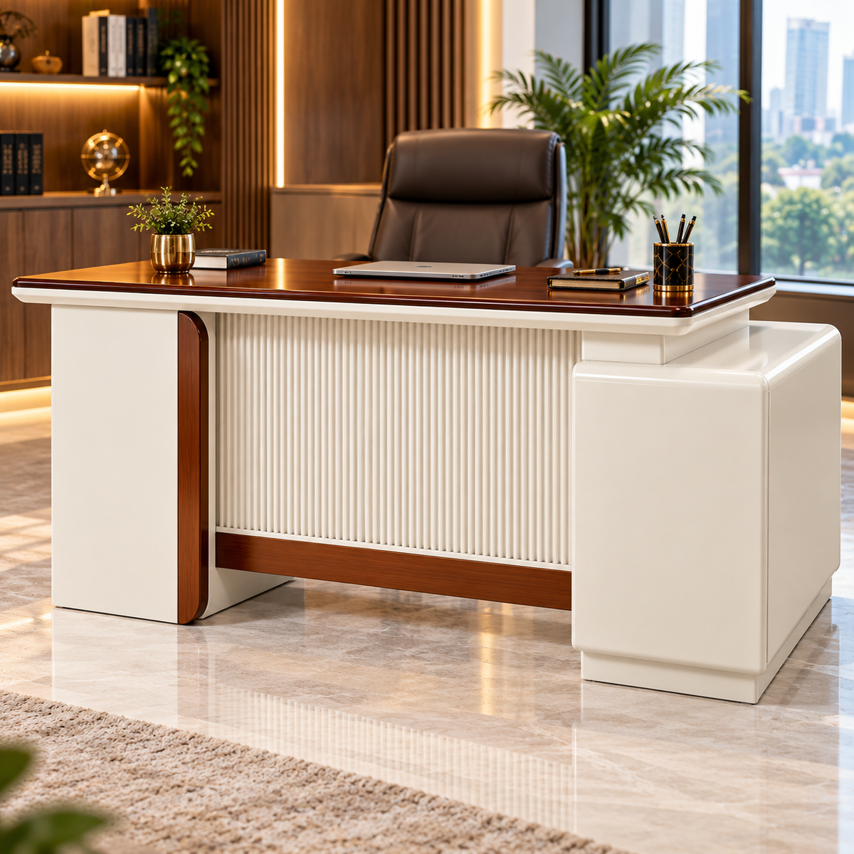 Back view of premium executive office desk showing fluted panel