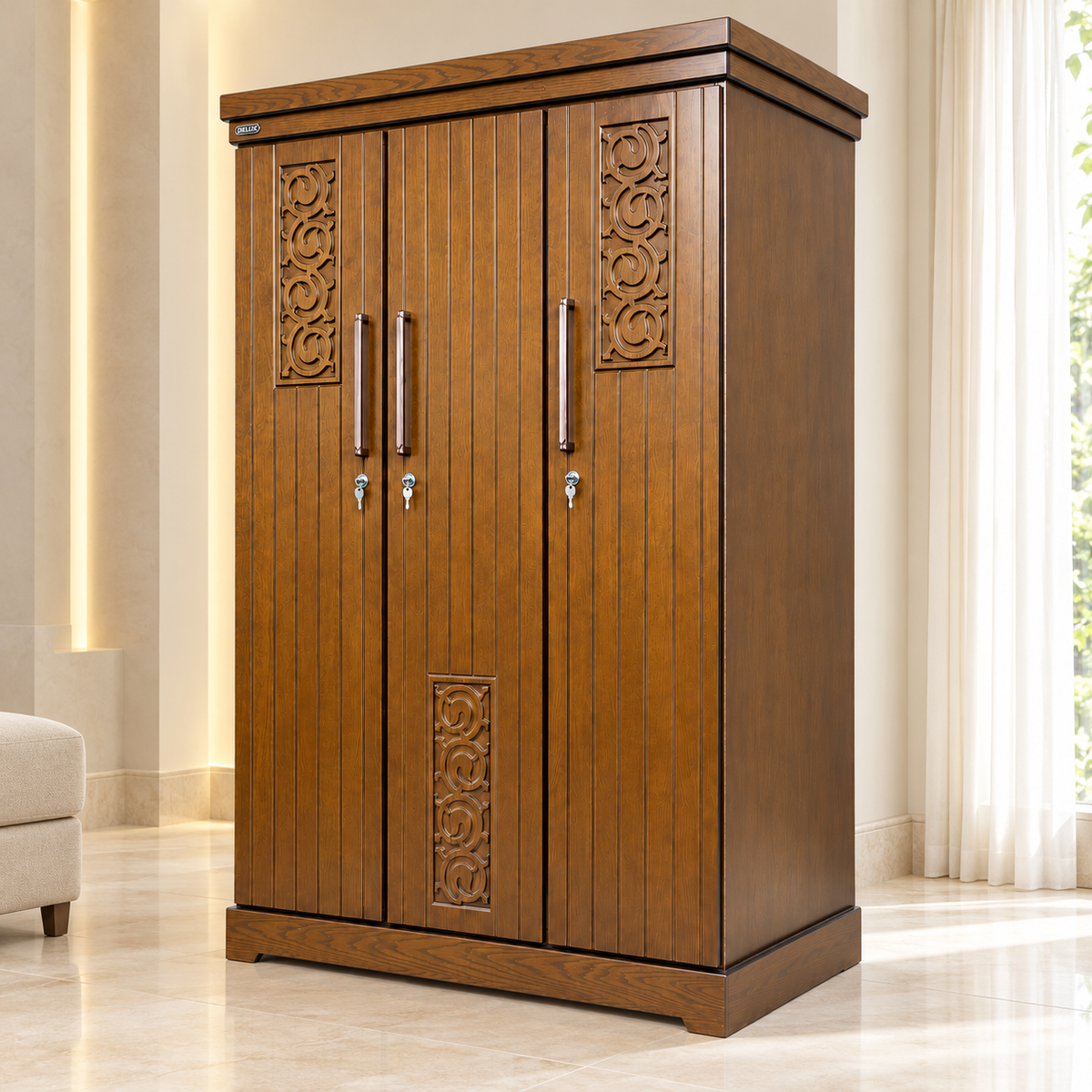 Delux Furniture scroll panel 3 door almirah in a clean luxury interior