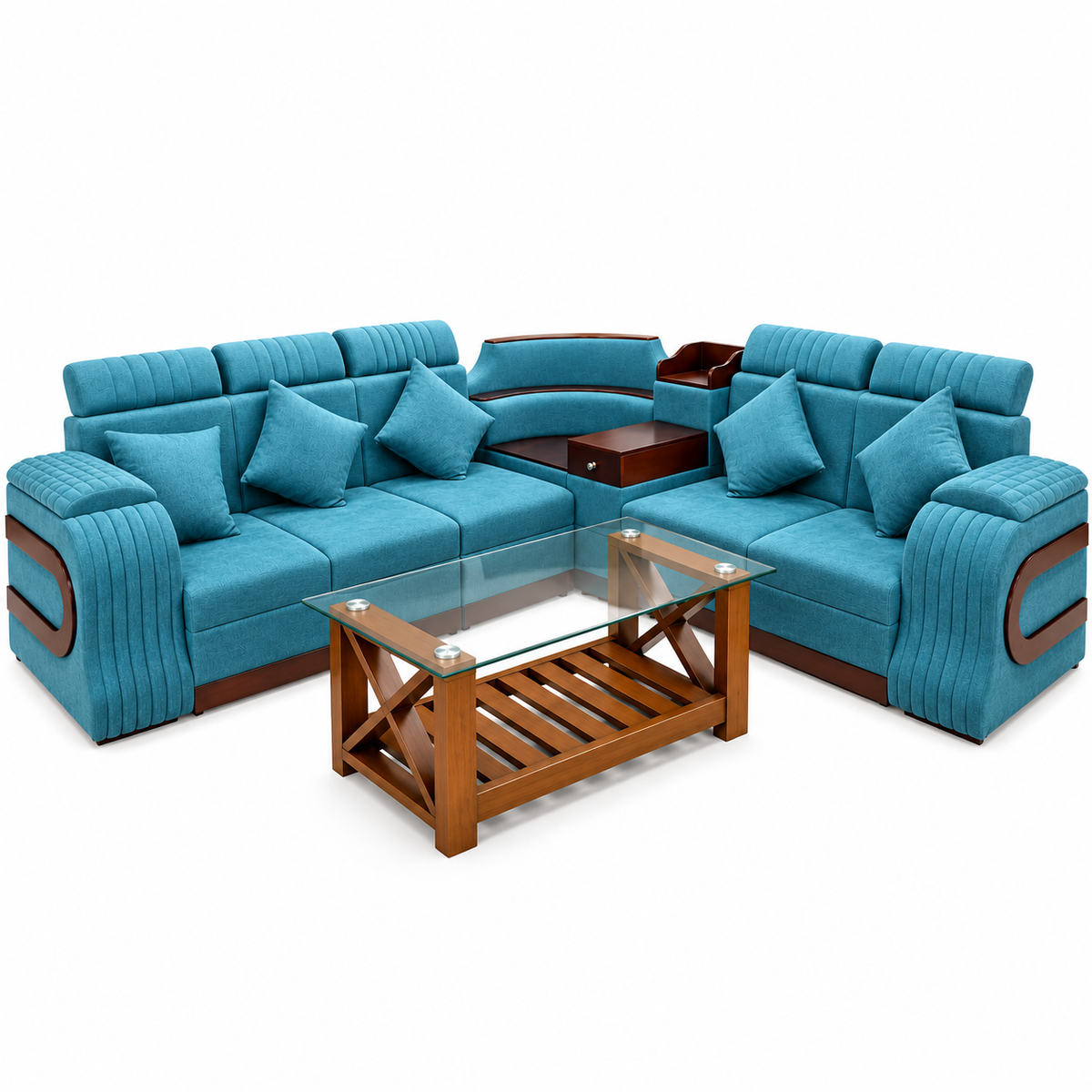 Teal blue L shaped luxury sofa set with storage and glass top coffee table on white background