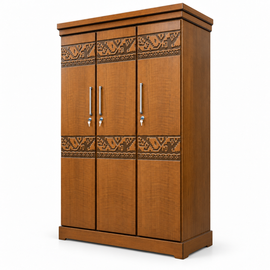Delux Furniture 3 door carved almirah, angled view on white background