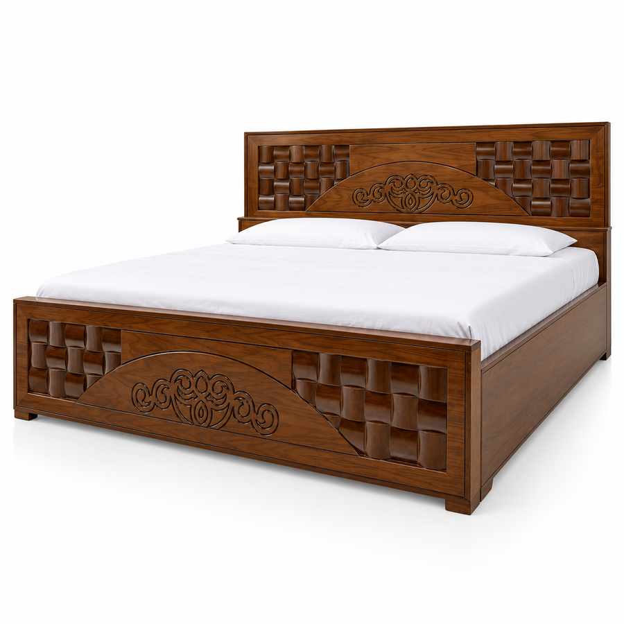 Delux Furniture bd 6 by 7 king size wooden bed with carved arch and checkerboard panels