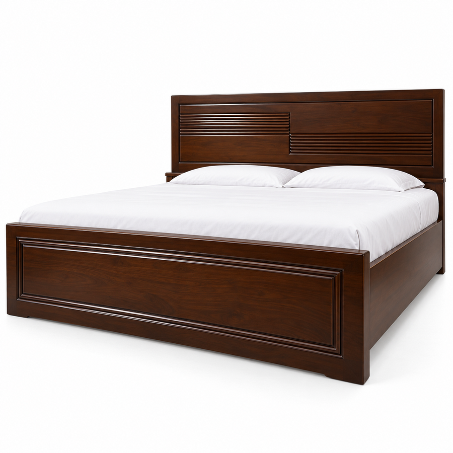 Asymmetric fluted wooden bed front studio view – Delux Furniture bd