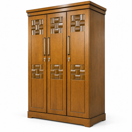 Delux Furniture basketweave 3 door almirah, angled view on white
