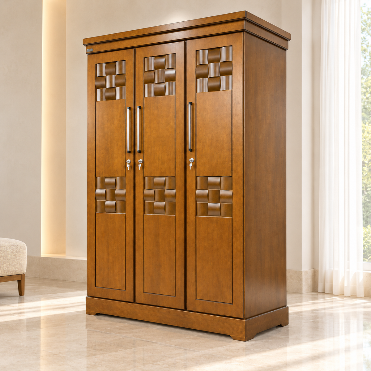 Delux Furniture basketweave 3 door almirah in a clean luxury interior