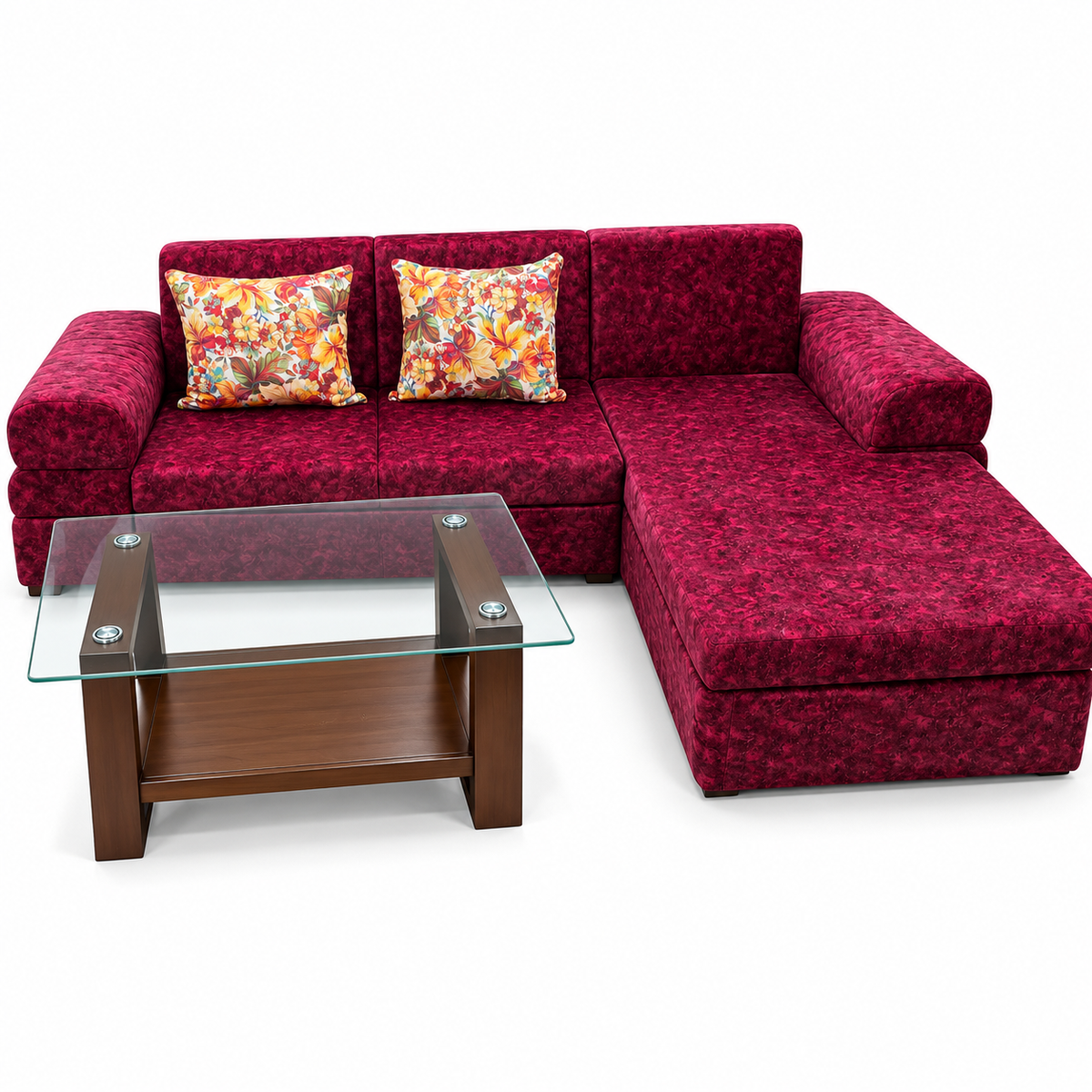 Luxury burgundy L shaped chaise sofa set, front view on white background