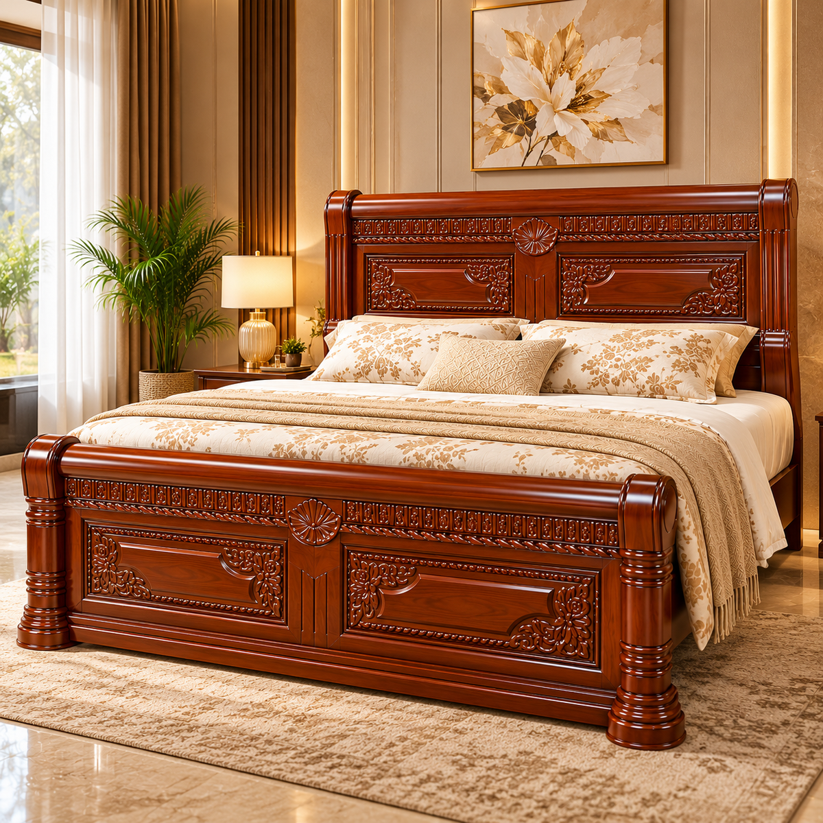 Luxury carved wooden bed in elegant bedroom setting