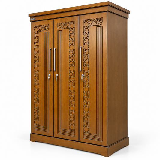 Delux Furniture circular carved 3 door almirah, angled view on white
