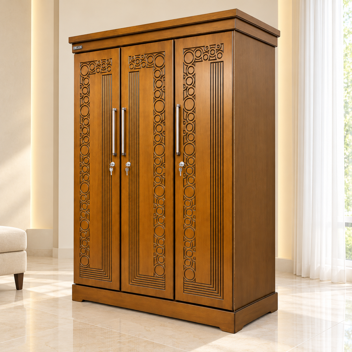 Delux Furniture circular carved 3 door almirah in a luxury interior