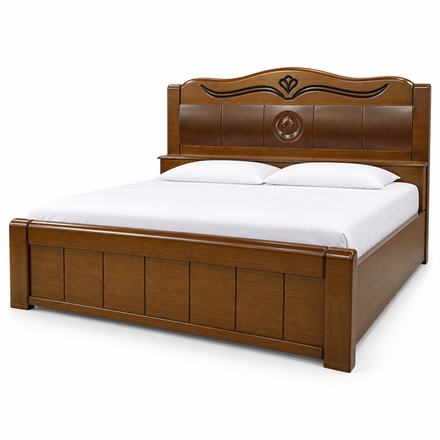 Classic wave carved wooden bed front three-quarter view – Delux Furniture bd