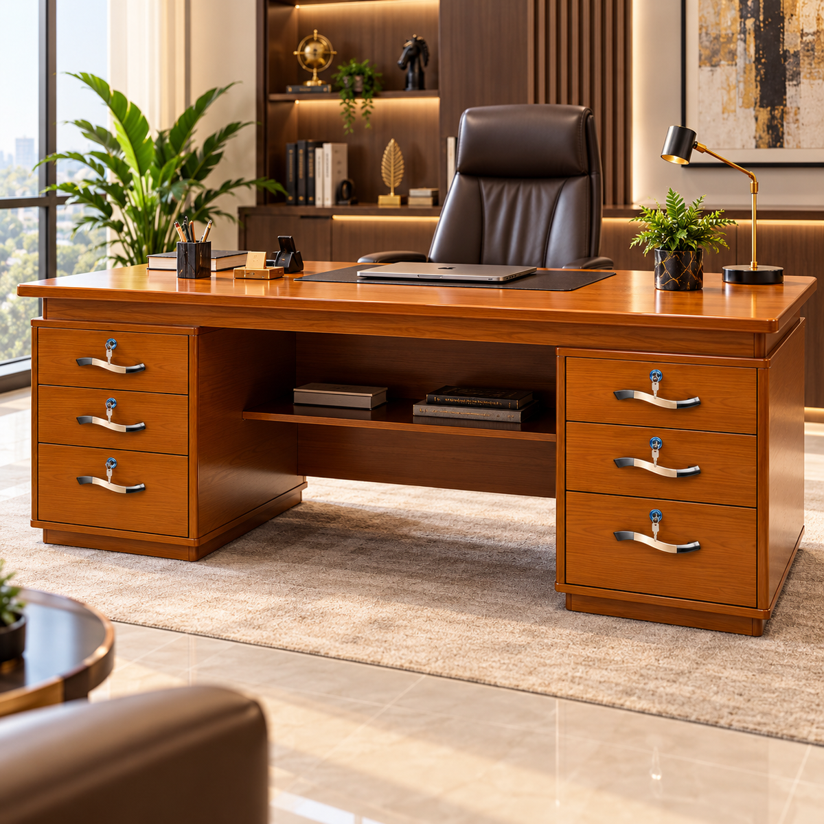 Executive desk drawer side with lockable drawers in premium office