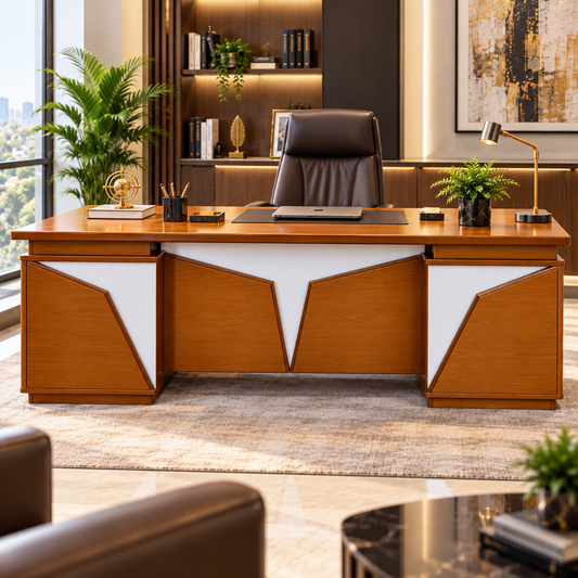 Executive office desk with geometric front panel in luxury office