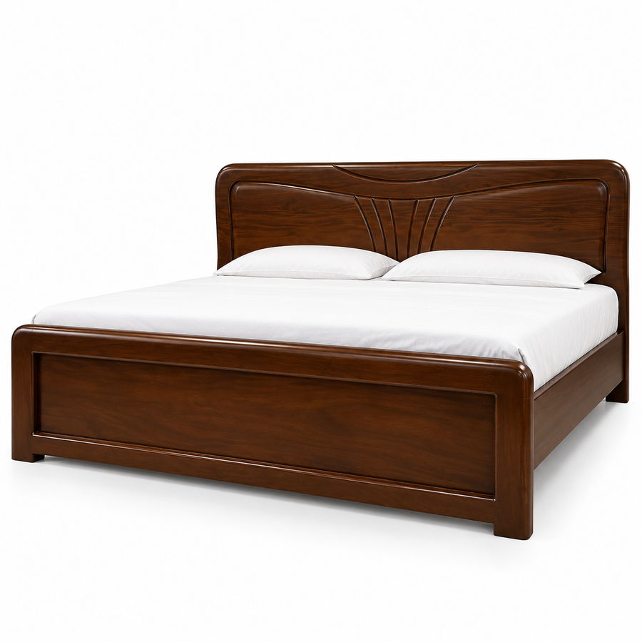 Fan groove wooden bed front angle on white background – Delux Furniture bd