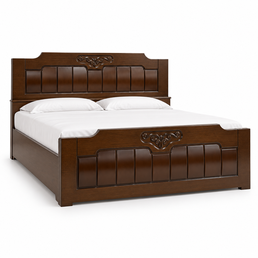 Floral scroll panel wooden bed front angle – Delux Furniture bd
