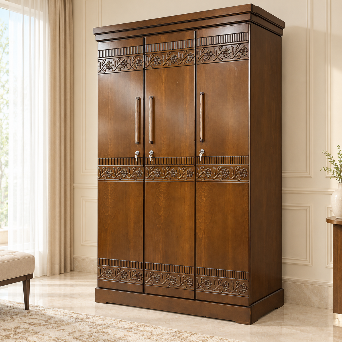 Delux Furniture floral vine 3 door almirah in a luxury interior