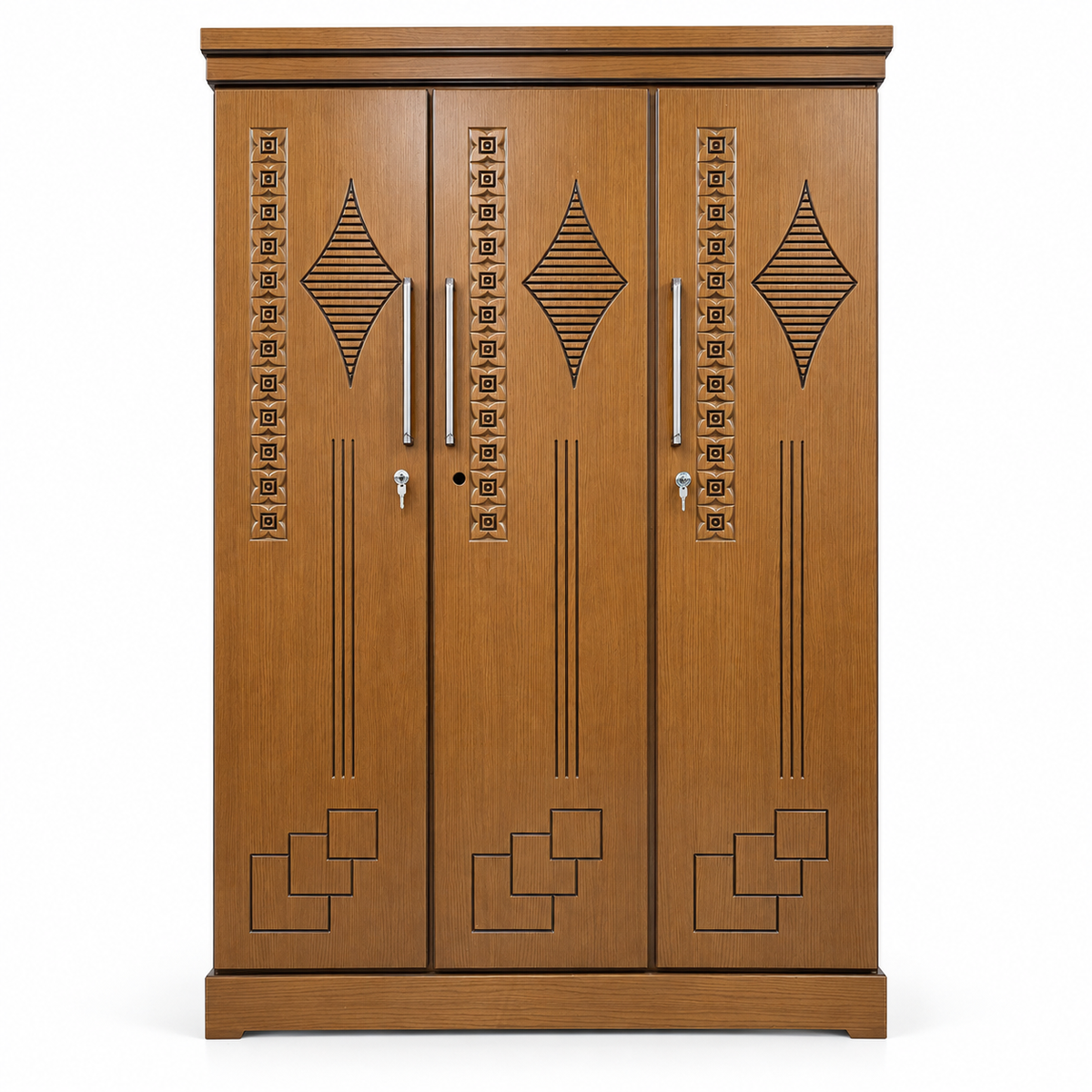 Delux Furniture geometric 3 door almirah, front view on white