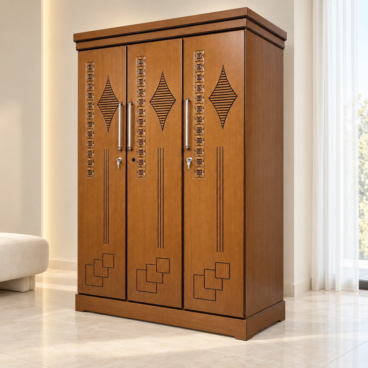 Delux Furniture geometric 3 door almirah in a clean luxury interior