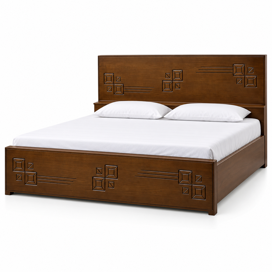 Geometric square carved wooden bed front view – Delux Furniture bd