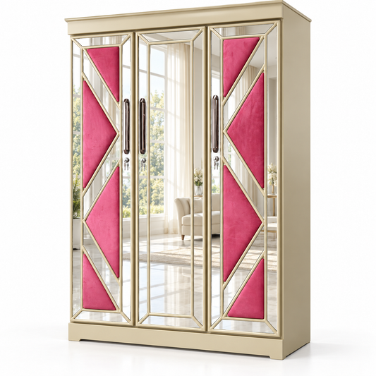 Delux Furniture pink mirrored 3 door almirah with clear glass reflections, angled view