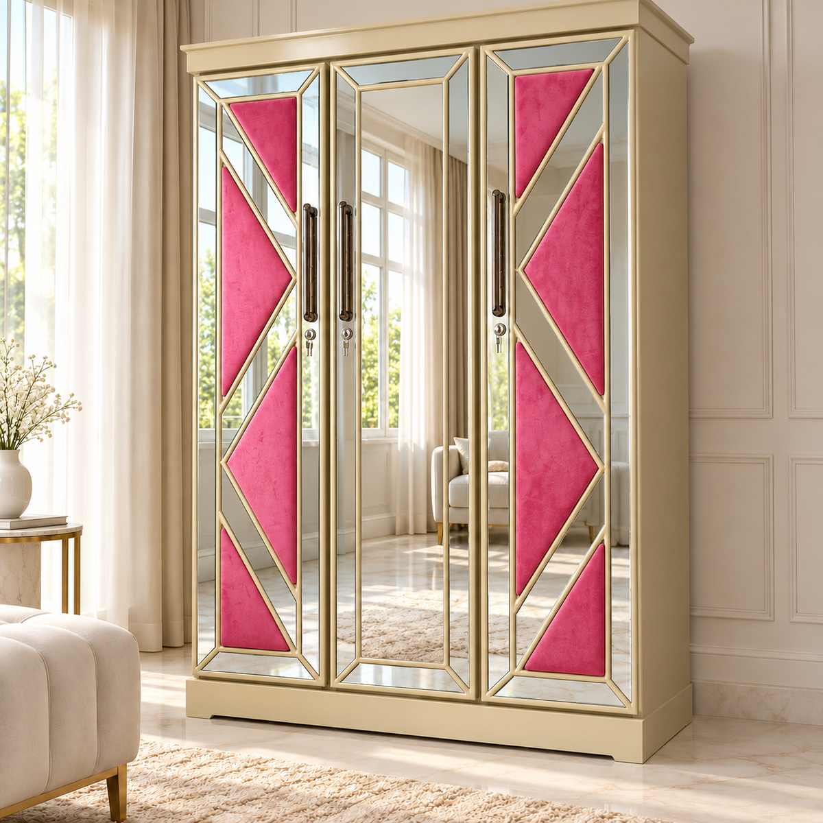 Delux Furniture pink mirrored 3 door almirah with clear glass reflections, luxury interior