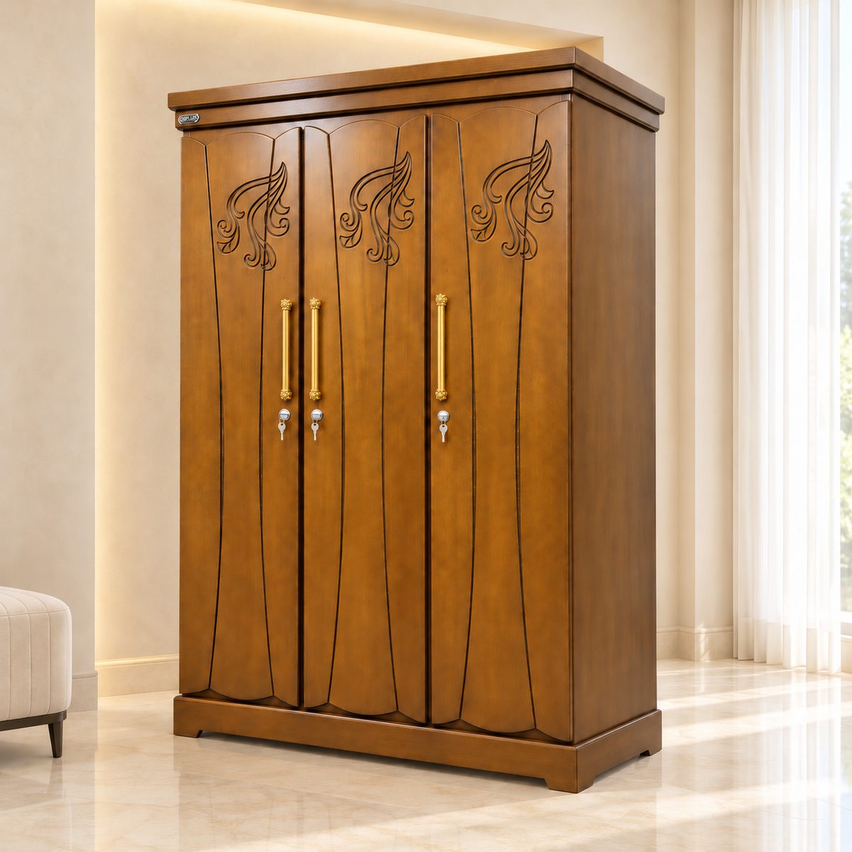 Delux Furniture gold handle 3 door almirah in a clean luxury interior