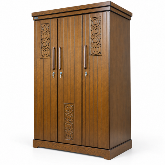 Delux Furniture scroll panel 3 door almirah, angled view on white