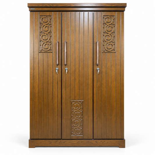 Delux Furniture scroll panel 3 door almirah, front view on white