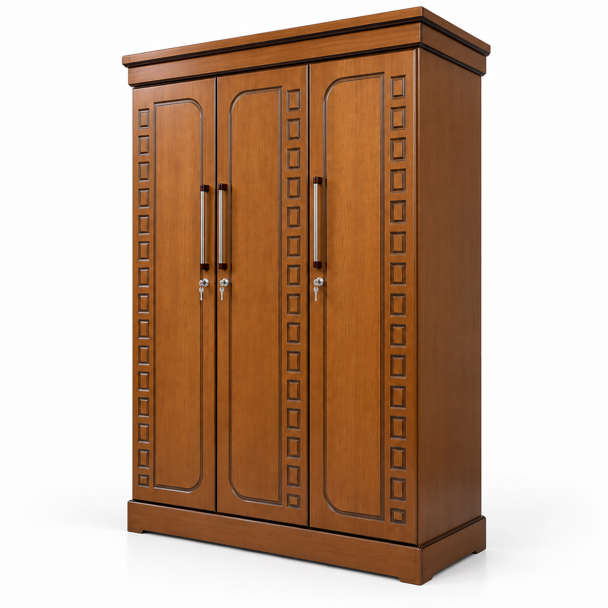 Delux Furniture square panel 3 door almirah, angled view on white