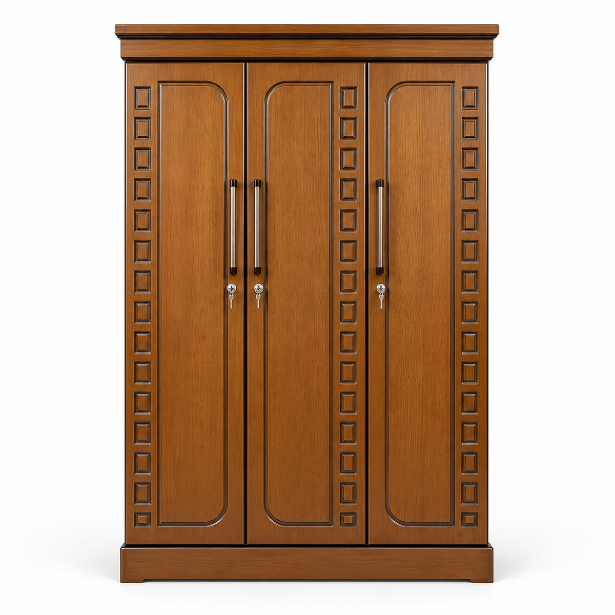 Delux Furniture square panel 3 door almirah, front view on white