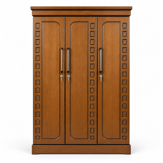 Delux Furniture square panel 3 door almirah, front view on white