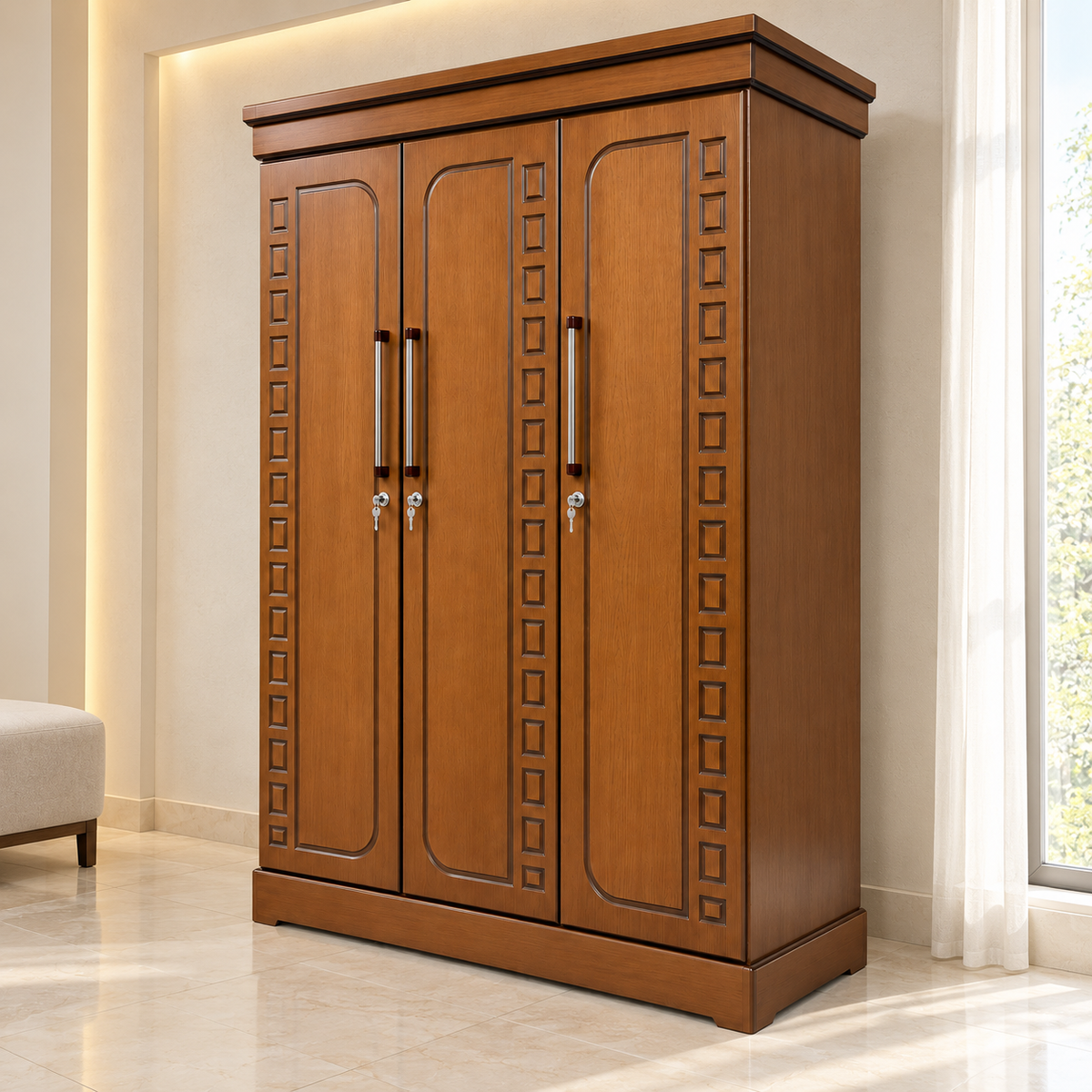 Delux Furniture square panel 3 door almirah in a clean luxury interior